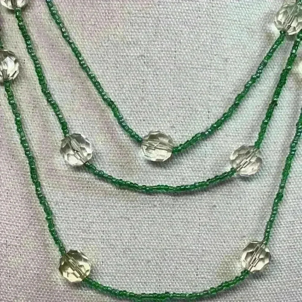 Vintage Green Seed Bead and Clear Faceted Crystals